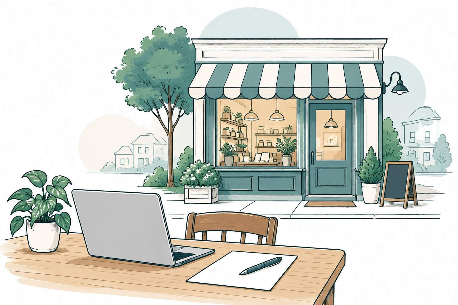 Illustration of a local storefront beside a laptop and notebook.
